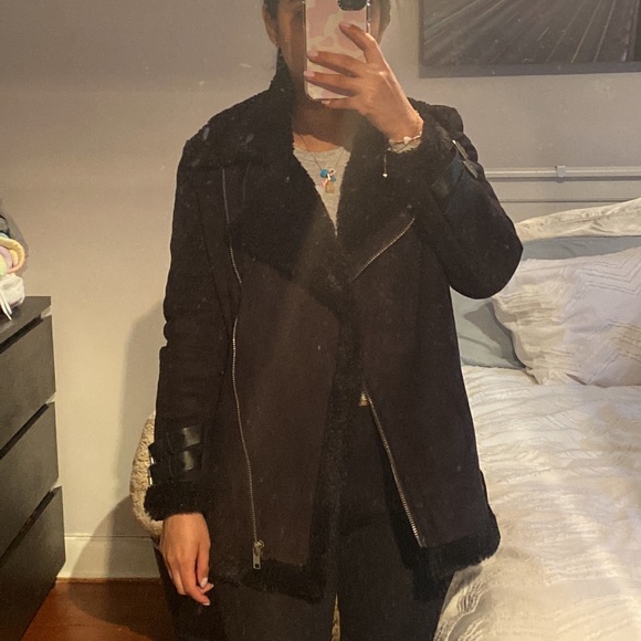 Boohoo black faux suede biker jacket size US 1 petite - Picture 4 of 8